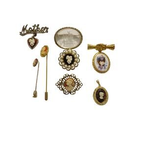 Vintage Cameo Brooch Lot of 8, Vintage Lapel Pin Bundle